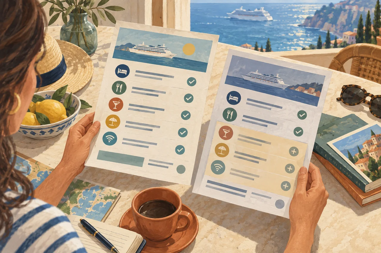 Editorial illustration of a traveler comparing one cruise quote with inclusions and another with added items