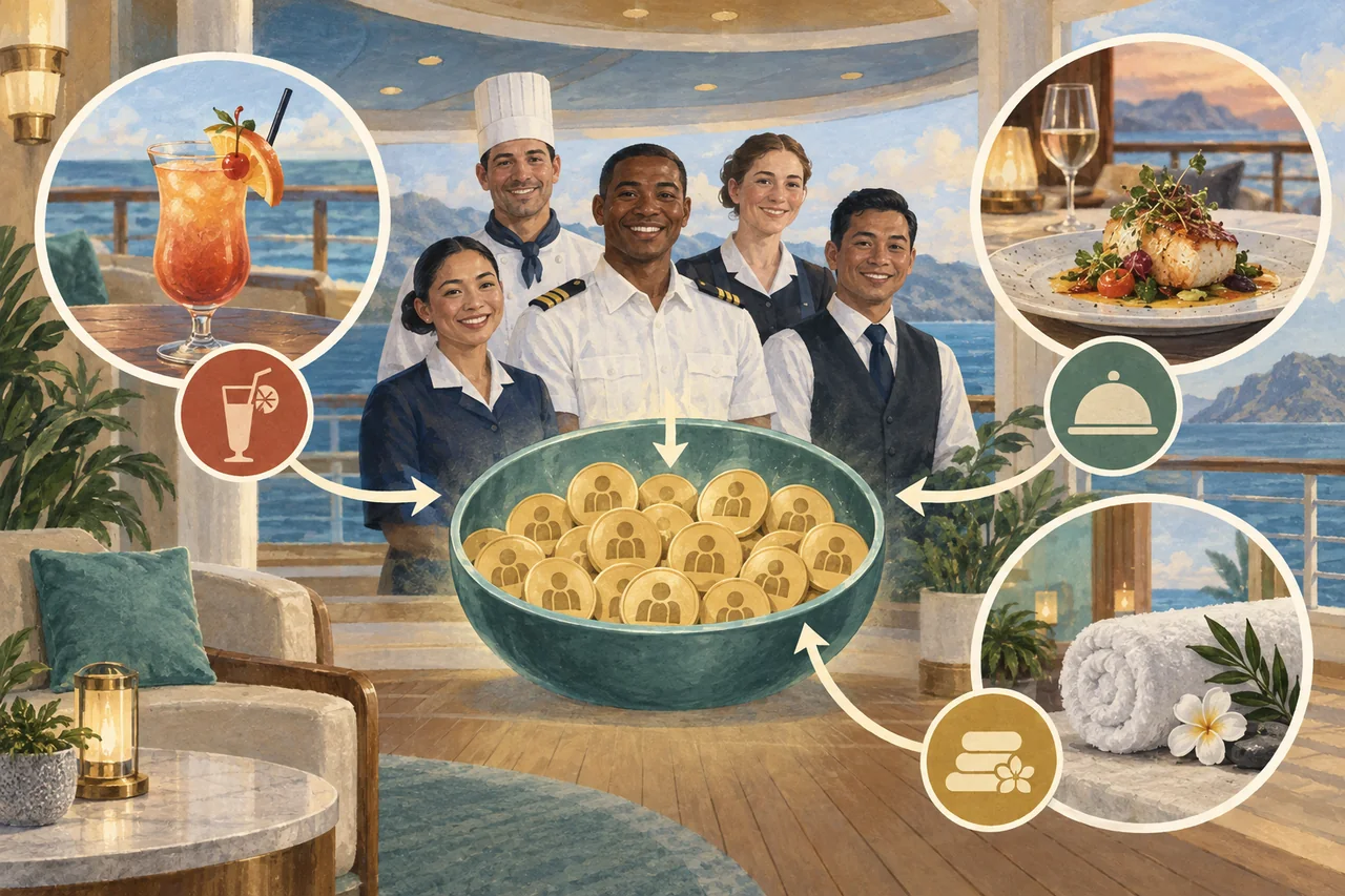 Editorial diagram with a crew-service pool beside separate drink, dining and spa purchases