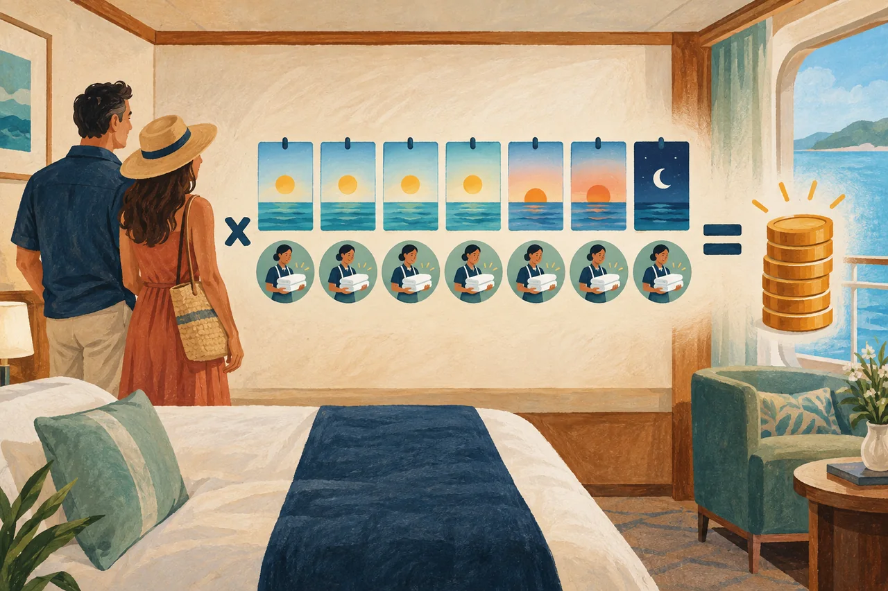 Editorial diagram showing two travelers, seven nights and a pooled daily service amount