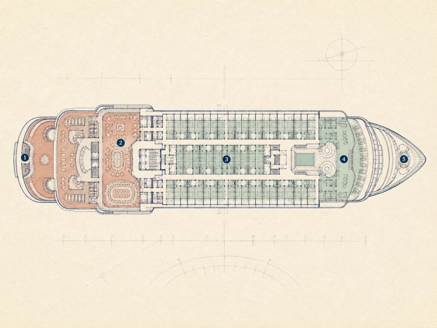 Generic illustrated cruise ship deck plan with highlighted zones