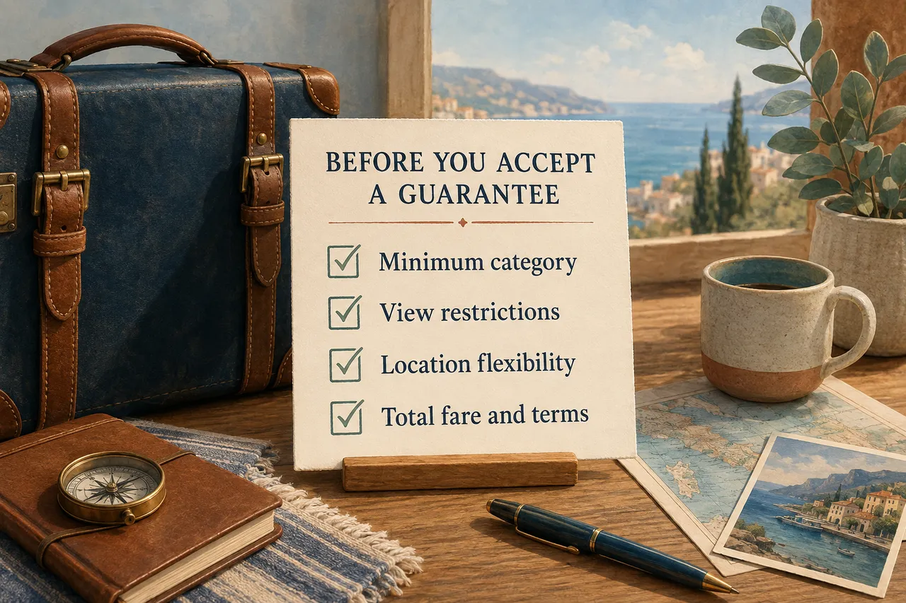 Illustrated checklist of category, view restrictions, location flexibility and total fare and terms