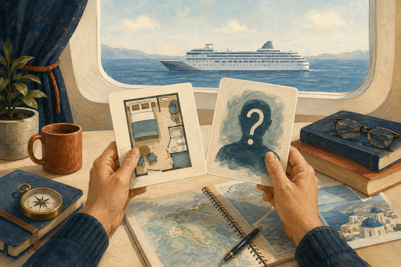 Editorial illustration of a traveler comparing an unassigned cabin with a chosen cabin on a deck plan