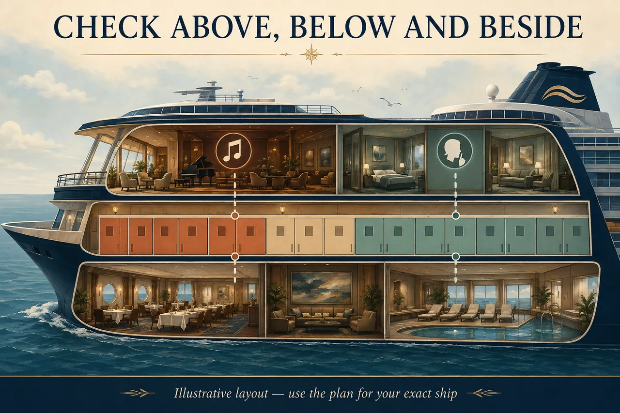 Fictional ship cutaway shows cabins relative to lounges and other public spaces