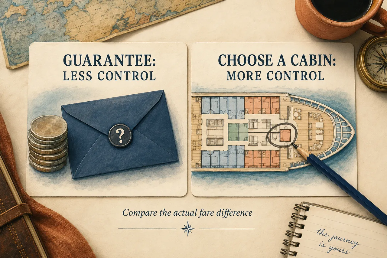 Two illustrated cards compare less location control with selecting a particular cabin