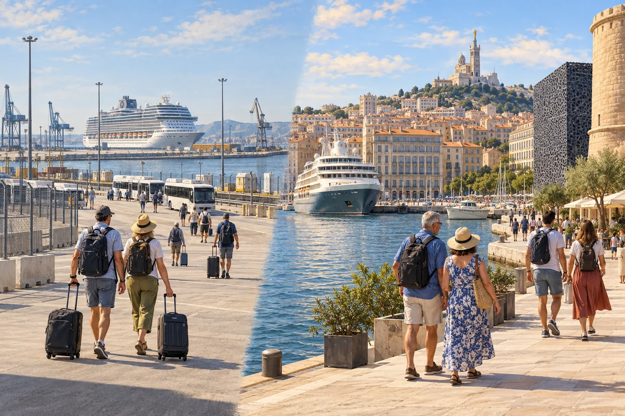 Conceptual comparison between a distant working cruise terminal and a ship beside Marseille's city waterfront