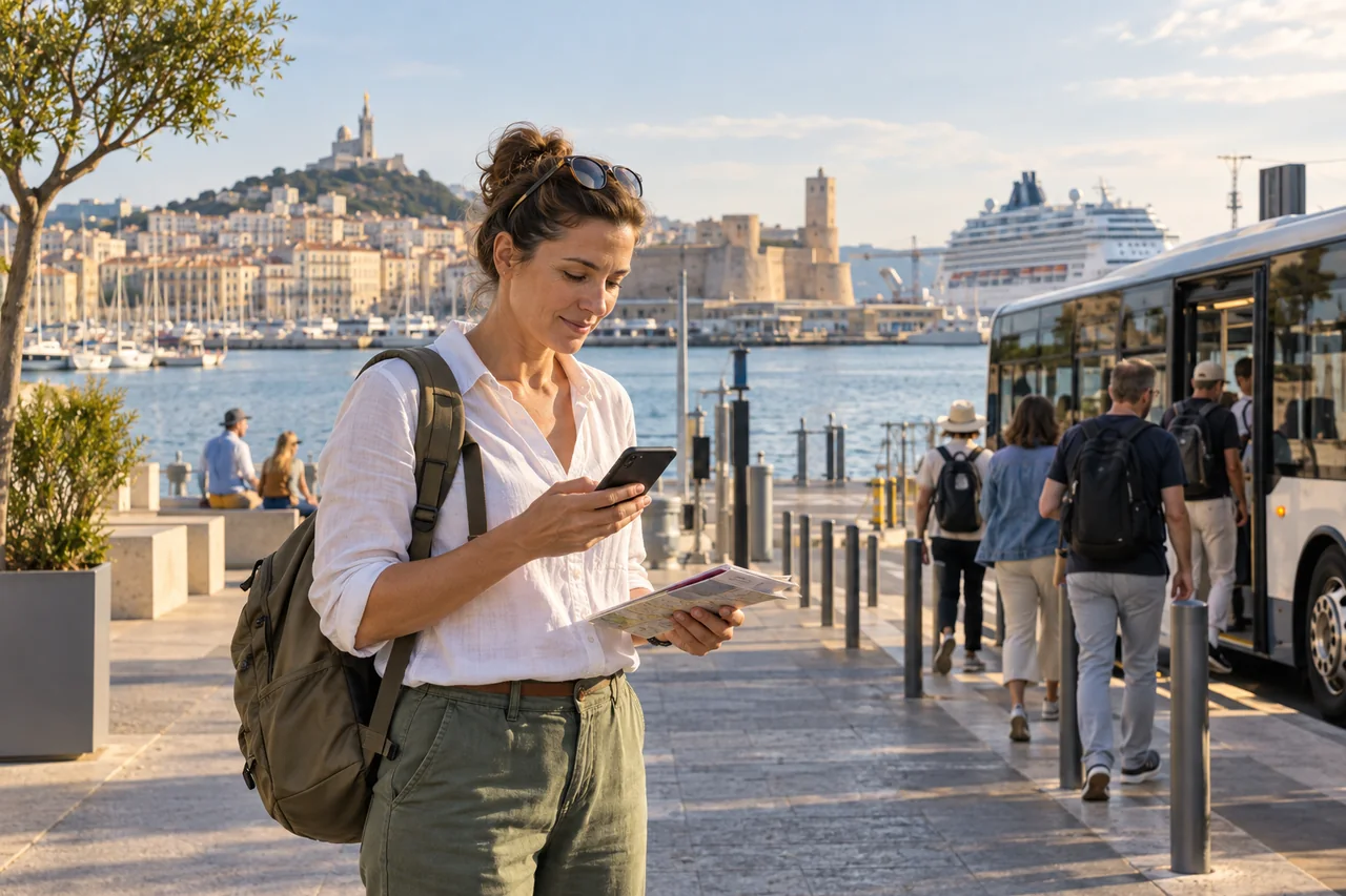 Traveler checks a return reminder near a conceptual Joliette bus stop with a cruise ship in the distance