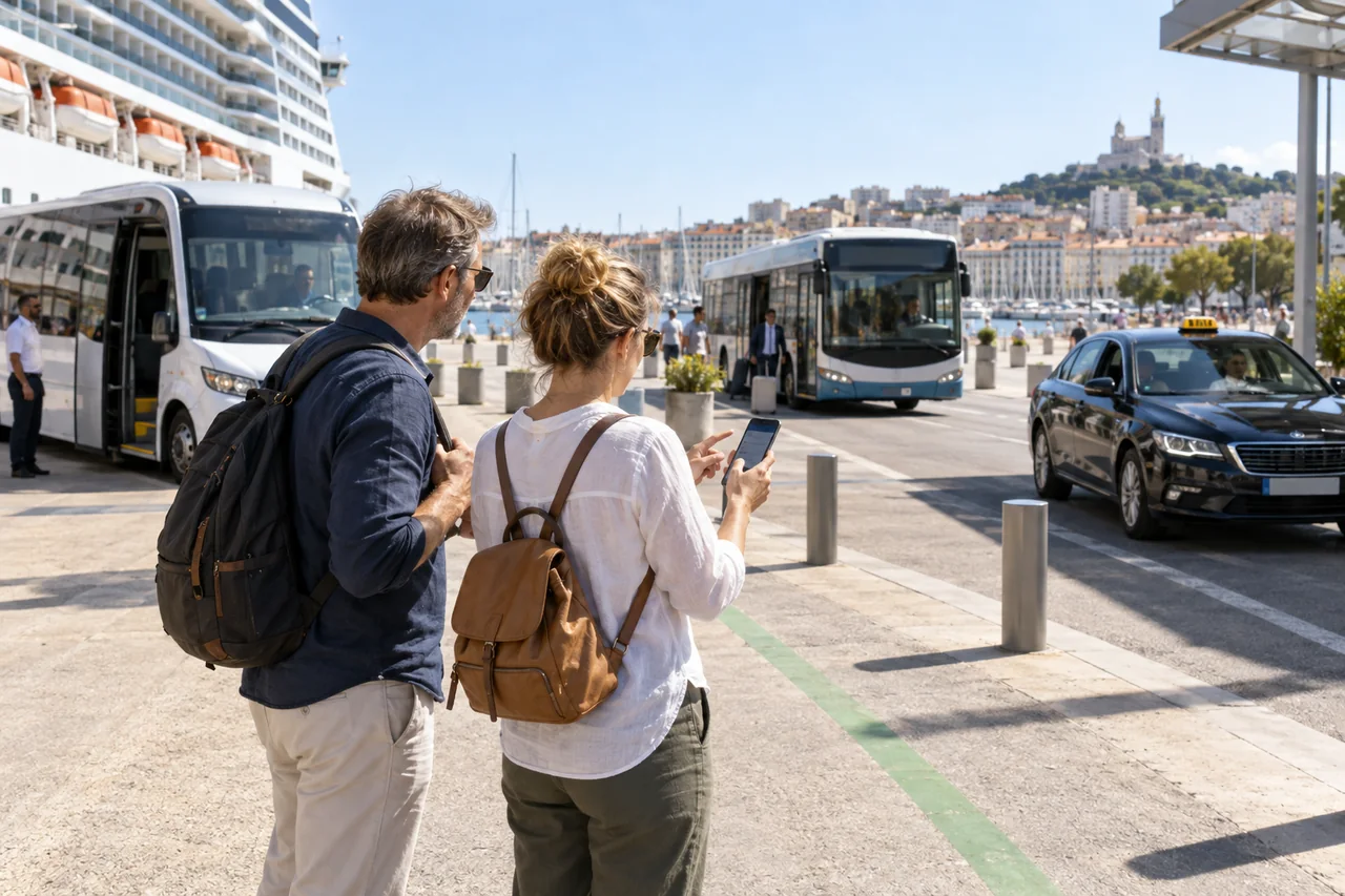 Cruise travelers compare a shuttle bus, public bus and taxi at a conceptual Marseille port transfer point