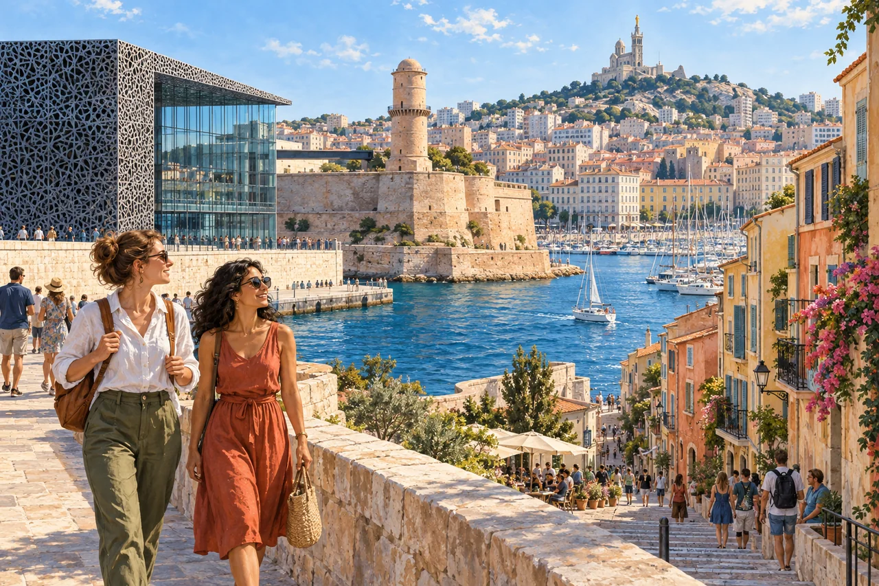 Editorial panorama linking a Marseille-inspired museum waterfront, stone fort, old-quarter lane and harbor