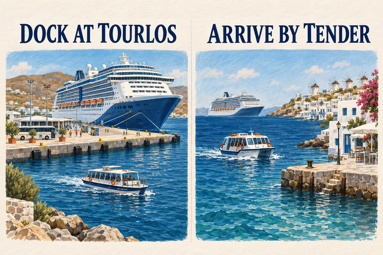 Two conceptual scenes compare a ship docked at Tourlos with passengers arriving ashore by tender