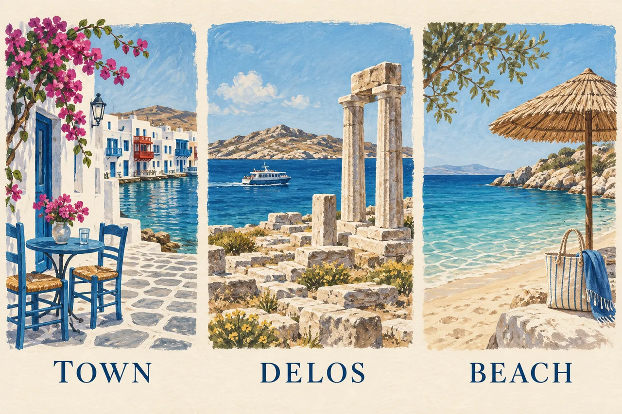 Three illustrated alternatives labeled Town, Delos and Beach