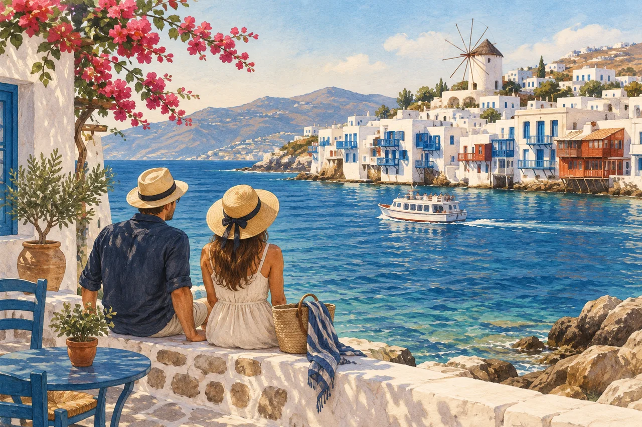 Painted scene of two travelers looking across blue water toward a whitewashed Cycladic waterfront