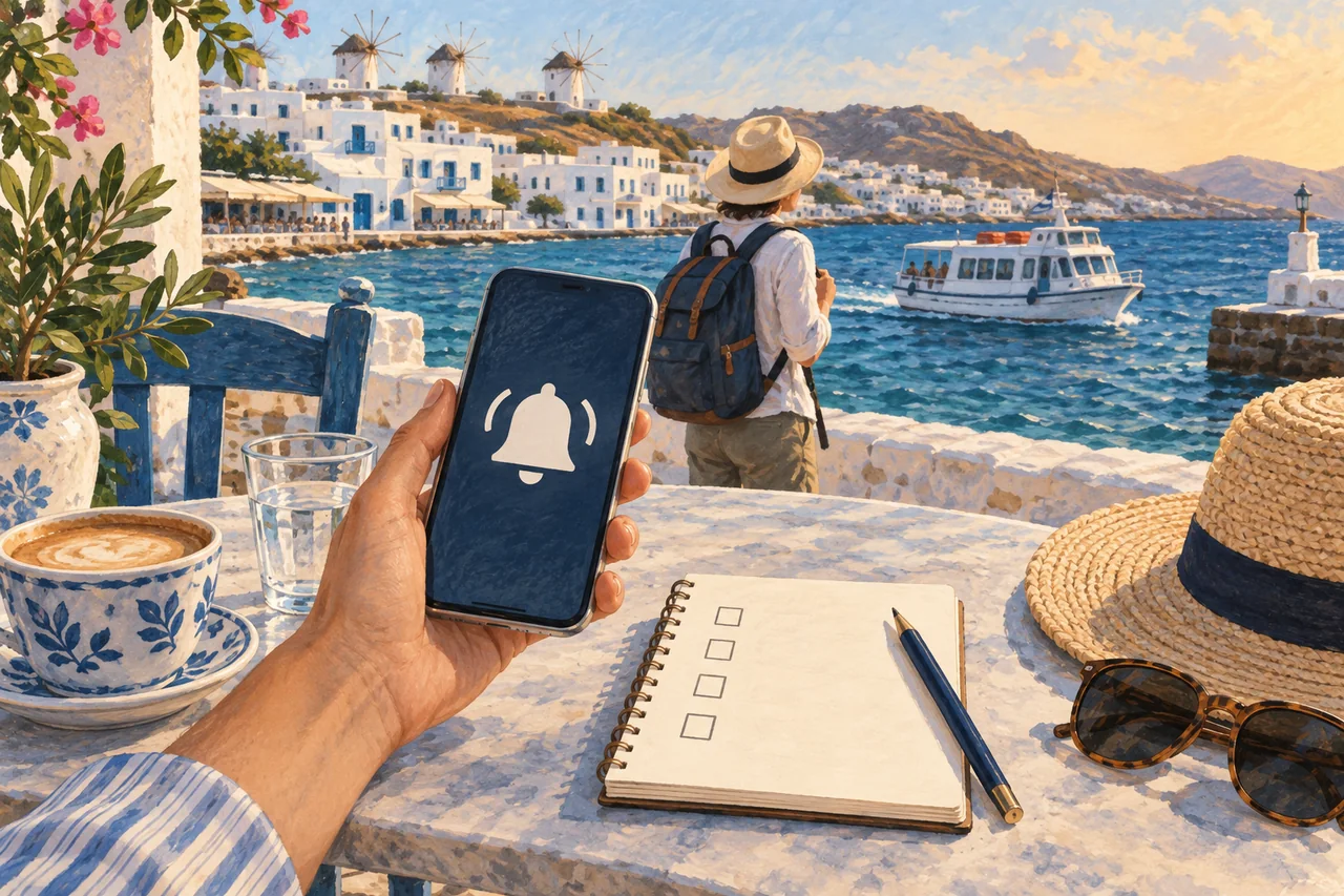 A traveler checks an alarm reminder beside a notebook and day bag at a harbor cafe
