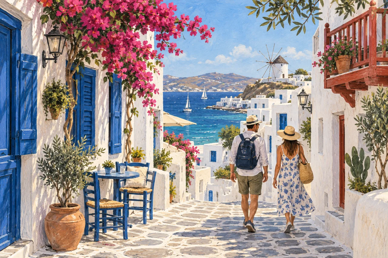 Editorial painting of travelers strolling through a whitewashed lane toward the sea with a shaded cafe nearby