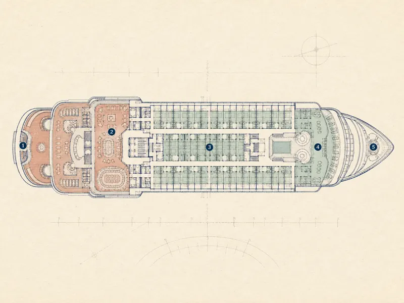 Generic illustrated cruise ship deck plan with highlighted zones
