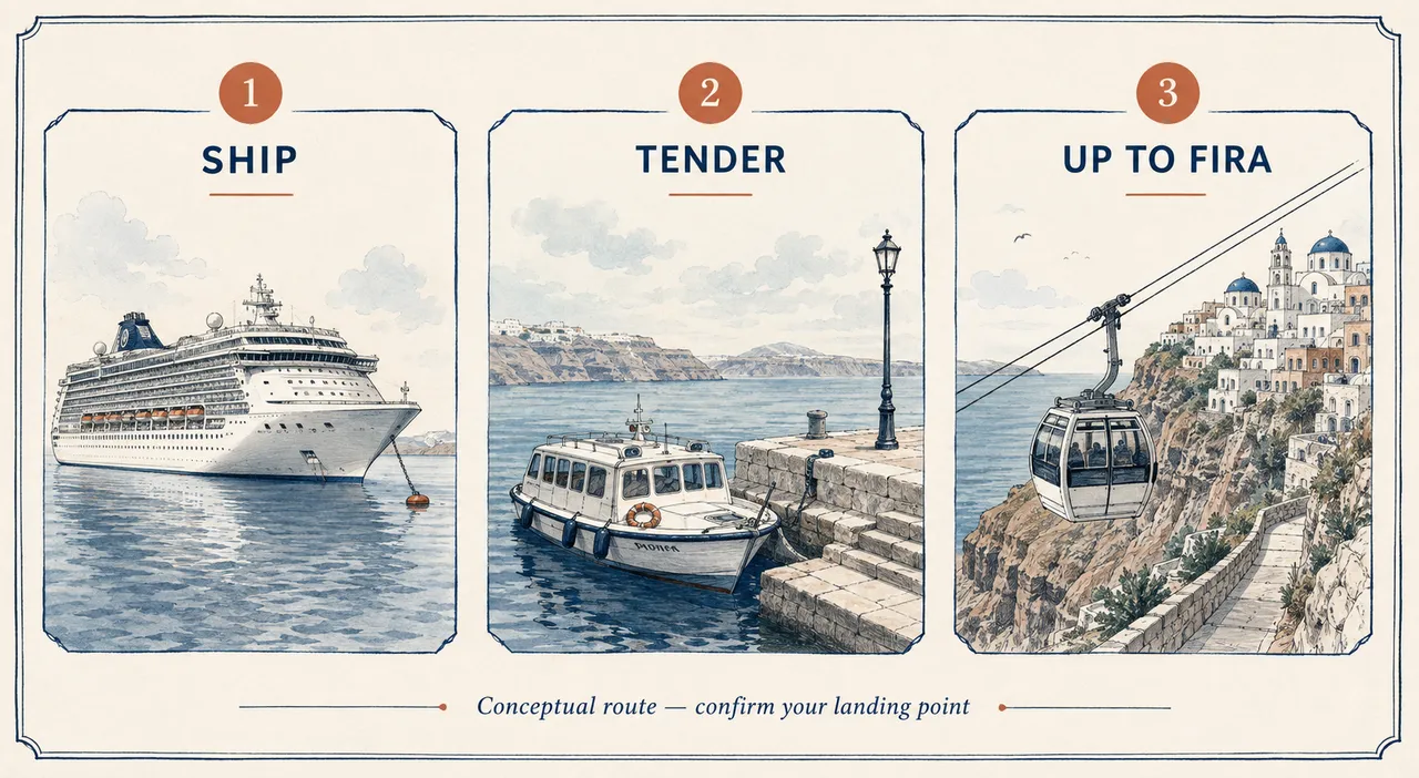 Three illustrated stages: ship, tender and ascent to Fira