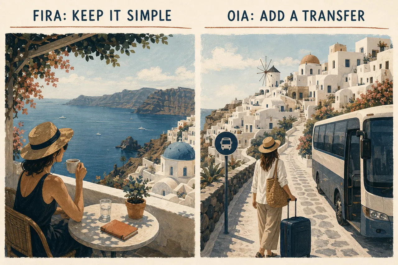 Illustrated comparison of a simple Fira visit and an Oia visit requiring another transfer