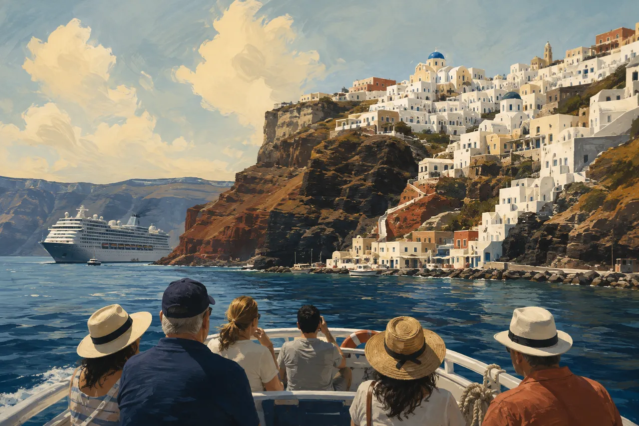 Editorial illustration of a traveler approaching a whitewashed island town by tender